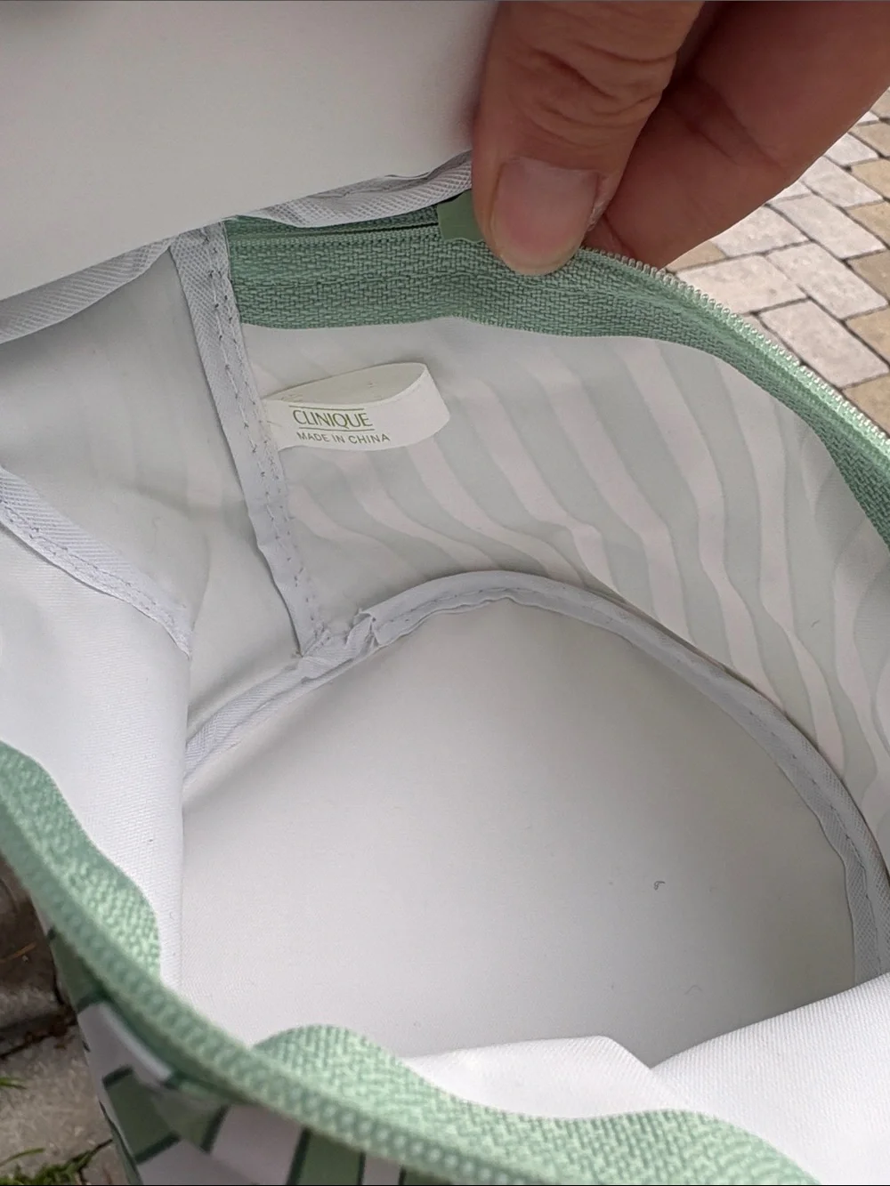 Clinique Green and White Striped Cosmetic Pouch with Branded Zipper